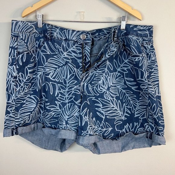 Lane Bryant Jean Shorts 20 Blue Floral Palm Leaf Cuffed Stretch Denim Womens New - Picture 5 of 10